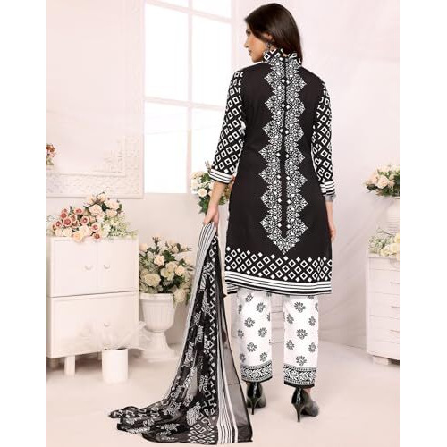 Yashika Women's Crepe Dress Material Set for Women | Unstitched Printed Fabric for Kurta Bottom & Dupatta (YS-NITU BLUE-PRISHA BLACK)