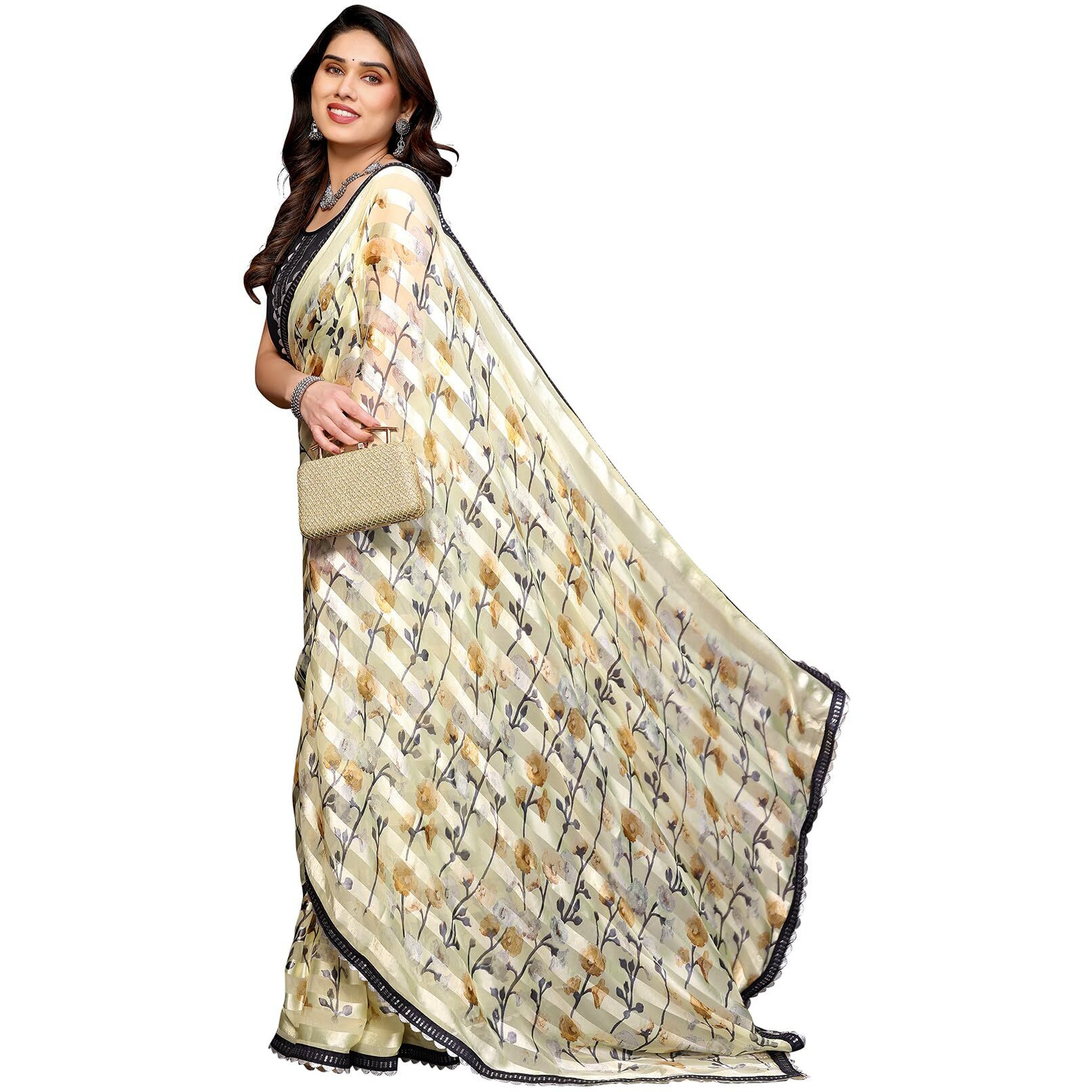 Yashika Women's Printed Georgette Satin Saree with Lace Border and Blouse Material (AZ-YS-P2-SHABNAM YELLOW)