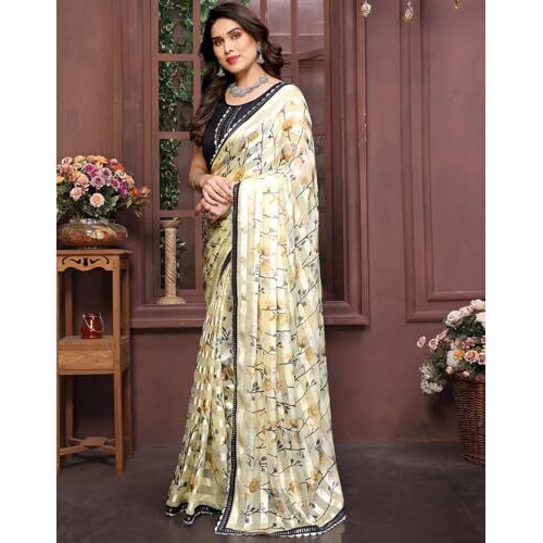 Yashika Women's Printed Georgette Satin Saree with Lace Border and Blouse Material (AZ-YS-P2-SHABNAM YELLOW)