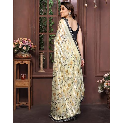 Yashika Women's Printed Georgette Satin Saree with Lace Border and Blouse Material (AZ-YS-P2-SHABNAM YELLOW)