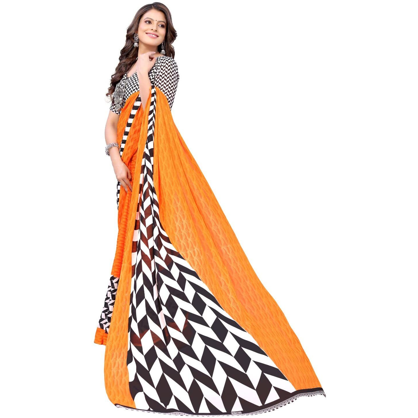 Yashika Women's Georgette Saree With Unstitched Blouse Piece (Piku Orange_W_Orange)