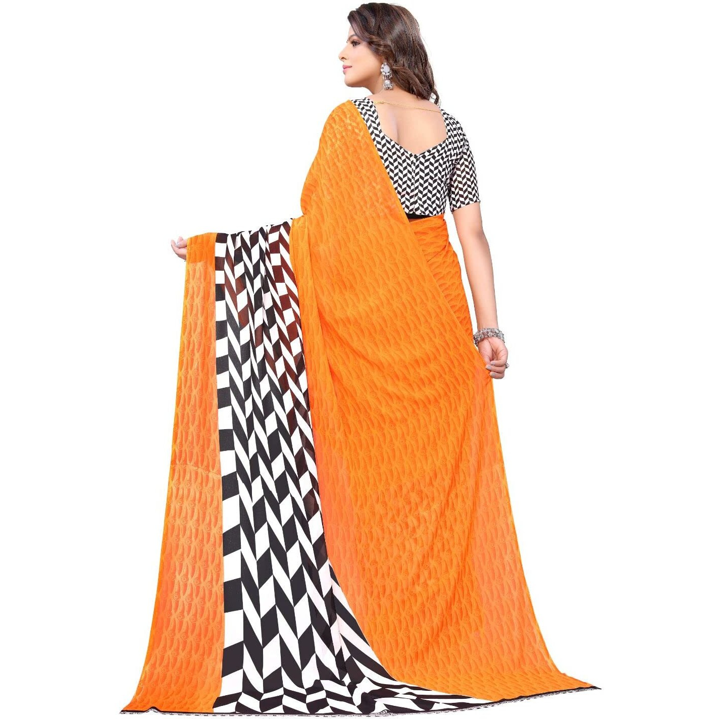 Yashika Women's Georgette Saree With Unstitched Blouse Piece (Piku Orange_W_Orange)