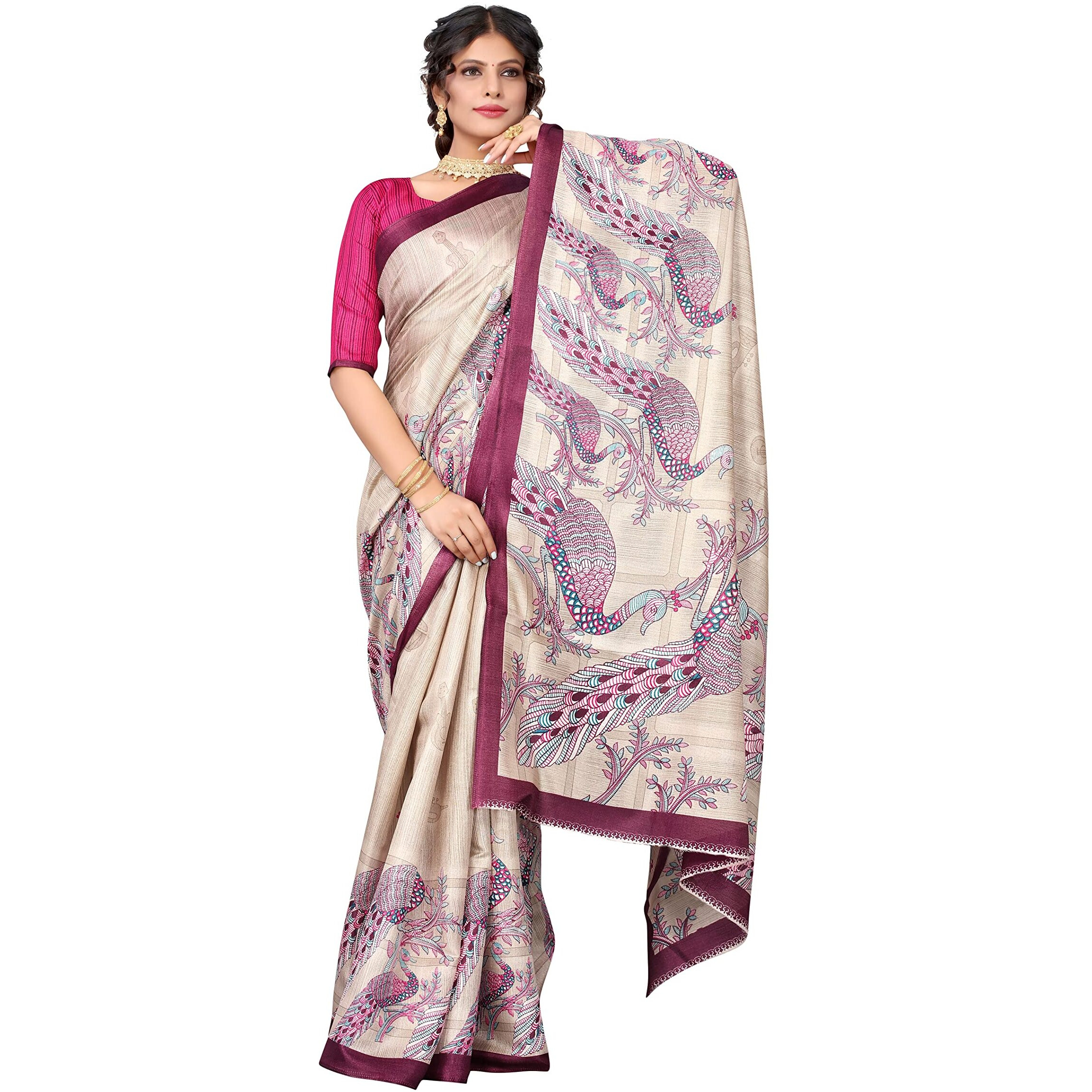 Yashika Womens Art Silk Printed Saree With Blouse Piece(MELISHA PURPLE_Free Size)