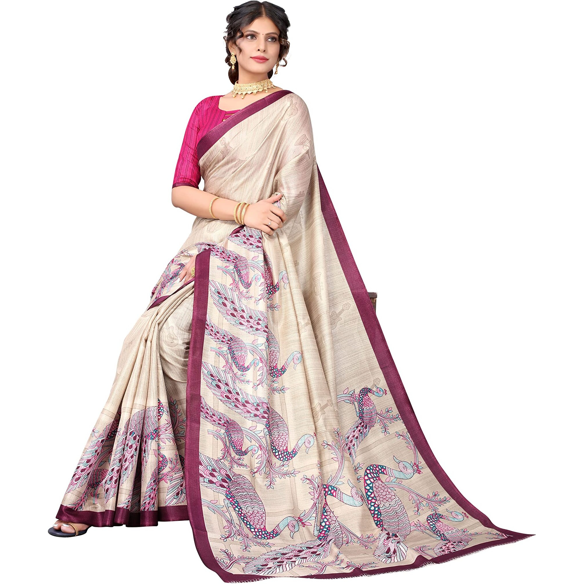 Yashika Womens Art Silk Printed Saree With Blouse Piece(MELISHA PURPLE_Free Size)