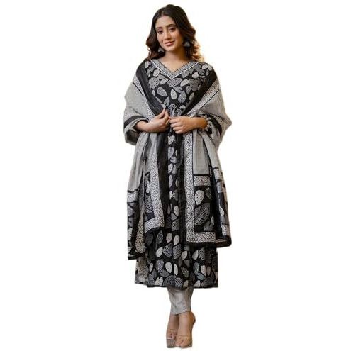 Yashika Women's Printed Cotton Blend Lace A-Line Kurta Pant Dupatta Set - Ethnic Elegance for Every Occasion Experience Comfort and Style with This Stunning Ensemble (AZ-YS-OG-KS2122-S) Black