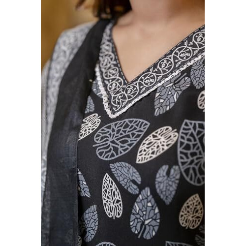 Yashika Women's Printed Cotton Blend Lace A-Line Kurta Pant Dupatta Set - Ethnic Elegance for Every Occasion Experience Comfort and Style with This Stunning Ensemble (AZ-YS-OG-KS2122-S) Black