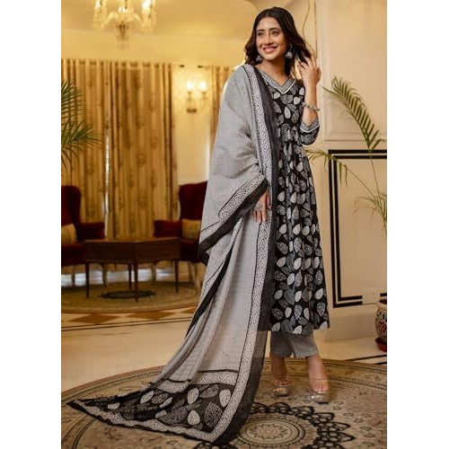 Yashika Women's Printed Cotton Blend Lace A-Line Kurta Pant Dupatta Set - Ethnic Elegance for Every Occasion Experience Comfort and Style with This Stunning Ensemble (AZ-YS-OG-KS2122-S) Black