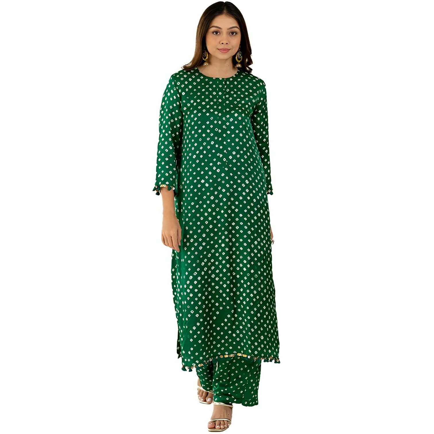 Yashika Women's Regular Cotton Blend Bandhej Printed Bandhani Kurta Palazzo Set with Sequence Lace (AZ-YS-OG-KS2201-Parent_Green