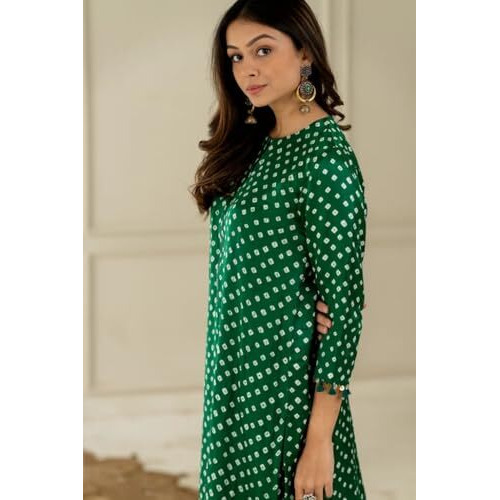 Yashika Women's Regular Cotton Blend Bandhej Printed Bandhani Kurta Palazzo Set with Sequence Lace (AZ-YS-OG-KS2201-Parent_Green