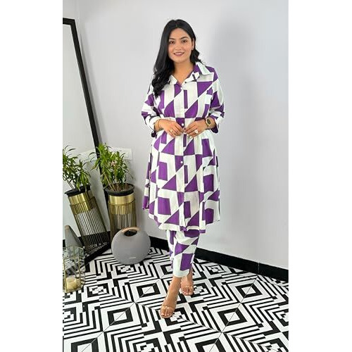 Yashika Blend Trendy Printed Cotton Bleand A-Line Trousers Woman Pant with Dupatta | Kurta Sets|Kurti for Women (AZ-YS-OG-KS2221-2XL) (AZ-YS-OG-KS2221-Parent_Purple