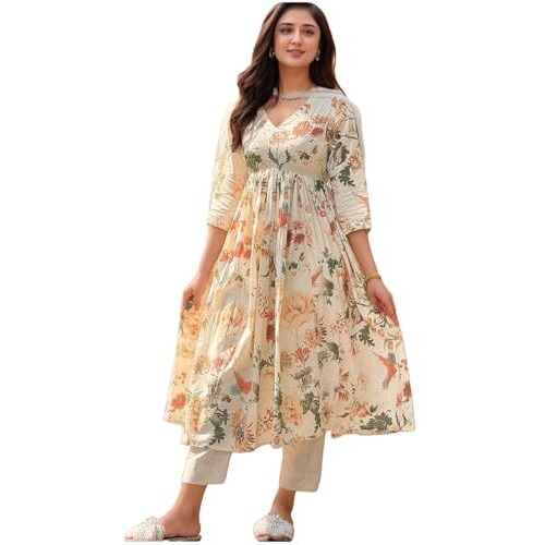 ANNI DESIGNER Women's Rayon Viscose Printed Anarkali Kurta with Pant & Dupatta (Sudan Cream-VKS03_XXL_Cream_XX-Large)