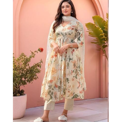 ANNI DESIGNER Women's Rayon Viscose Printed Anarkali Kurta with Pant & Dupatta (Sudan Cream-VKS03_XXL_Cream_XX-Large)