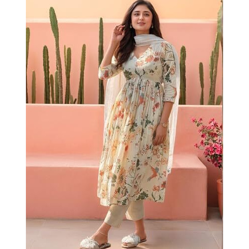 ANNI DESIGNER Women's Rayon Viscose Printed Anarkali Kurta with Pant & Dupatta (Sudan Cream-VKS03_XXL_Cream_XX-Large)