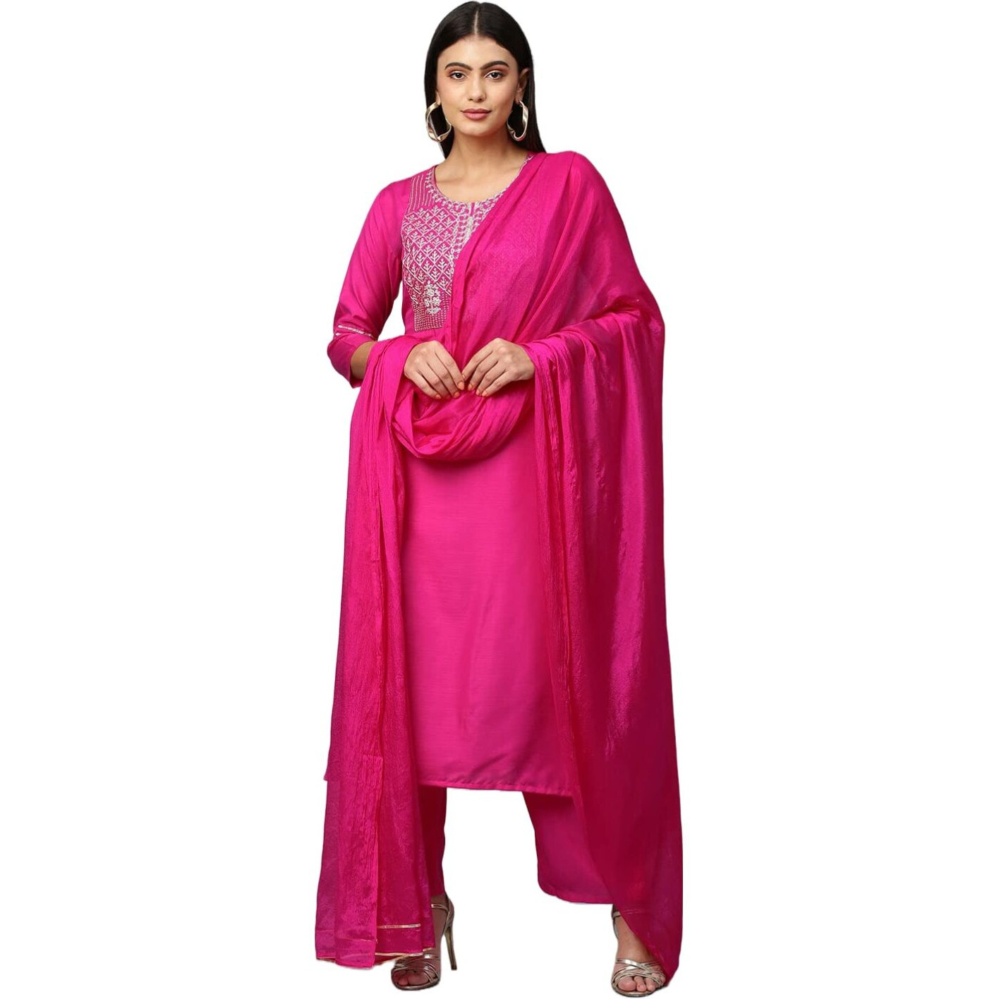 ANNI DESIGNER Women's Cotton Blend Straight Embroidered Kurta with Pant & Dupatta (Mahuni Pink_M_Pink_Medium)