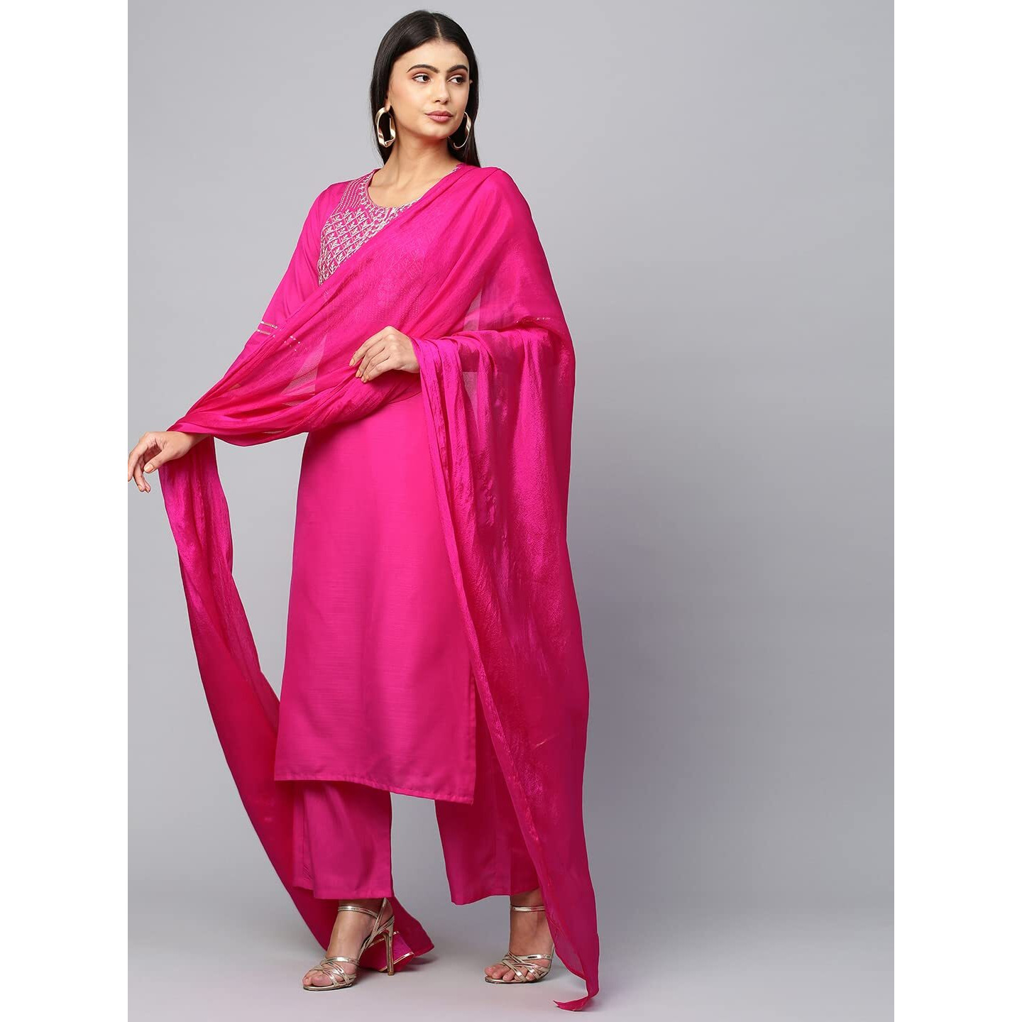 ANNI DESIGNER Women's Cotton Blend Straight Embroidered Kurta with Pant & Dupatta (Mahuni Pink_M_Pink_Medium)
