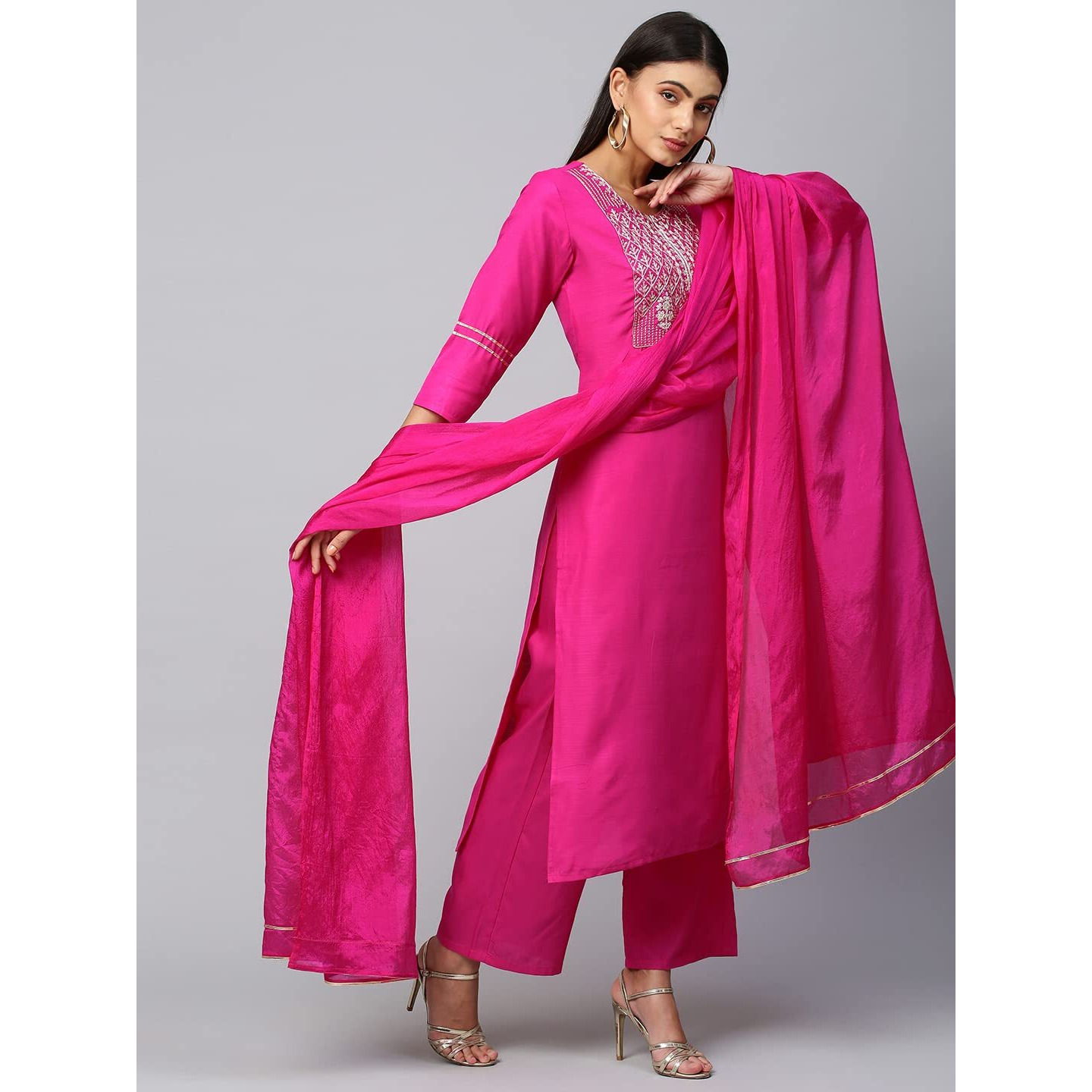 ANNI DESIGNER Women's Cotton Blend Straight Embroidered Kurta with Pant & Dupatta (Mahuni Pink_M_Pink_Medium)