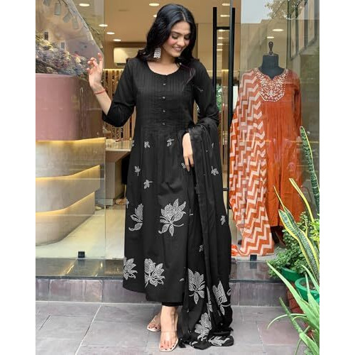 ANNI DESIGNER Women's Rayon Viscose Anarkali Printed Kurta with Pant & Dupatta (Gangori Black_S_Black_Small)