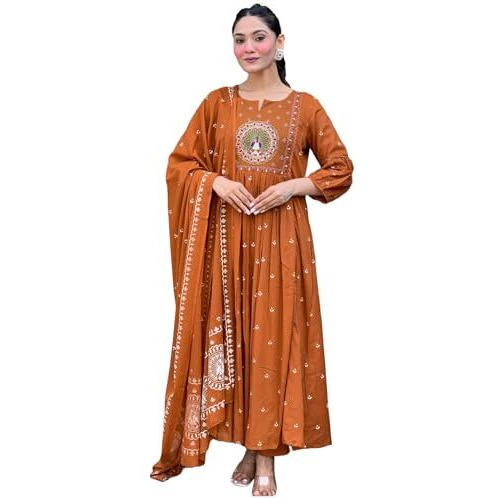 ANNI DESIGNER Women's Rayon Viscose Anarkali Embroidered Kurta with Pant & Dupatta (KESRIYA RUST-VKS01_XL_Rust_X-Large)