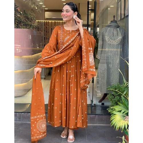 ANNI DESIGNER Women's Rayon Viscose Anarkali Embroidered Kurta with Pant & Dupatta (KESRIYA RUST-VKS01_XL_Rust_X-Large)