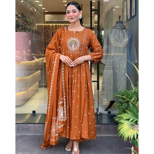 ANNI DESIGNER Women's Rayon Viscose Anarkali Embroidered Kurta with Pant & Dupatta (KESRIYA RUST-VKS01_XL_Rust_X-Large)