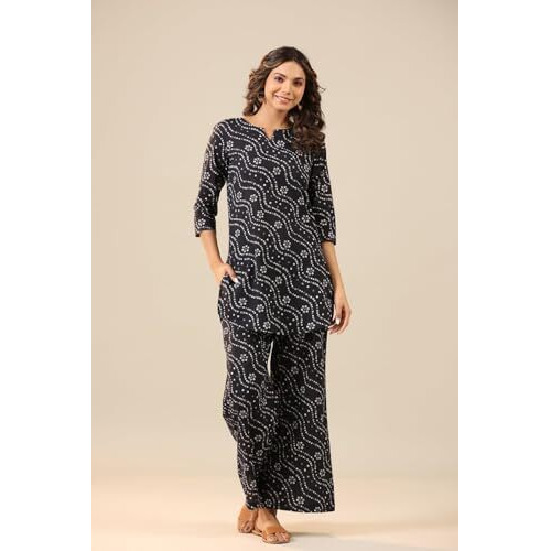 ANNI DESIGNER Women's Rayon Blend Straight Bandhej Printed Kurta with Pant (Nesta Blue_M_Blue_Medium)