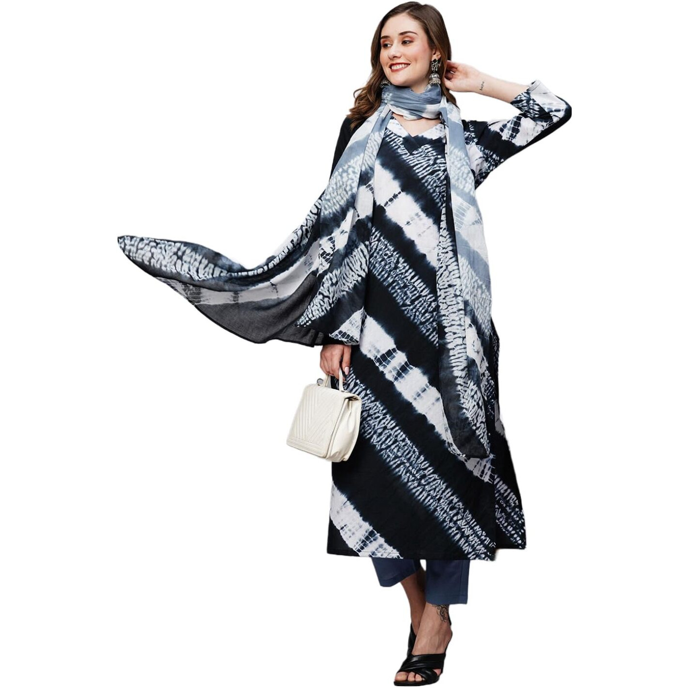 ANNI DESIGNER Women's Cotton Blend Straight Printed Kurta with Pant & Dupatta (Sana Blue-NW_S_Blue_Small)