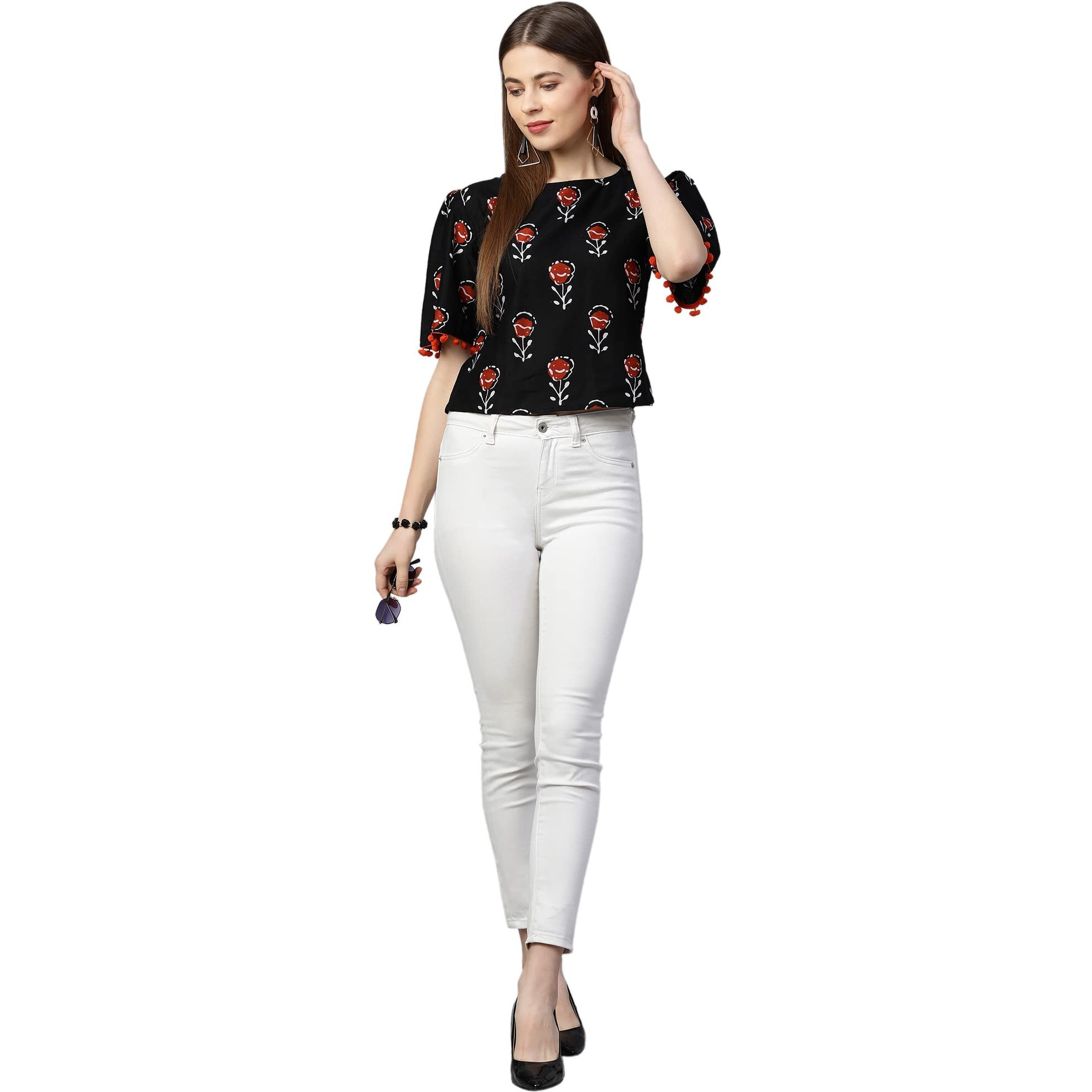 ANNI DESIGNER Women's Cotton Regular Top (TP-COT-10165-BLACK_S_Black_Small)