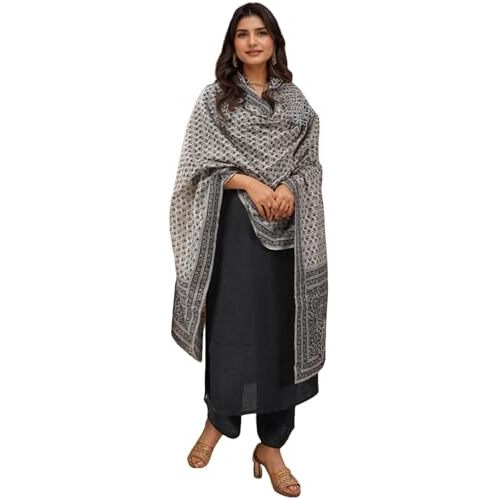 ANNI DESIGNER Women's Rayon Viscose Solid Straight Kurta with Pant & Dupatta (VARDHAN BLACK-VKS01_M_Black_Medium)