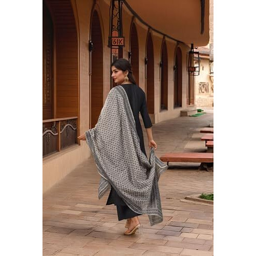 ANNI DESIGNER Women's Rayon Viscose Solid Straight Kurta with Pant & Dupatta (VARDHAN BLACK-VKS01_M_Black_Medium)