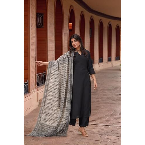 ANNI DESIGNER Women's Rayon Viscose Solid Straight Kurta with Pant & Dupatta (VARDHAN BLACK-VKS01_M_Black_Medium)