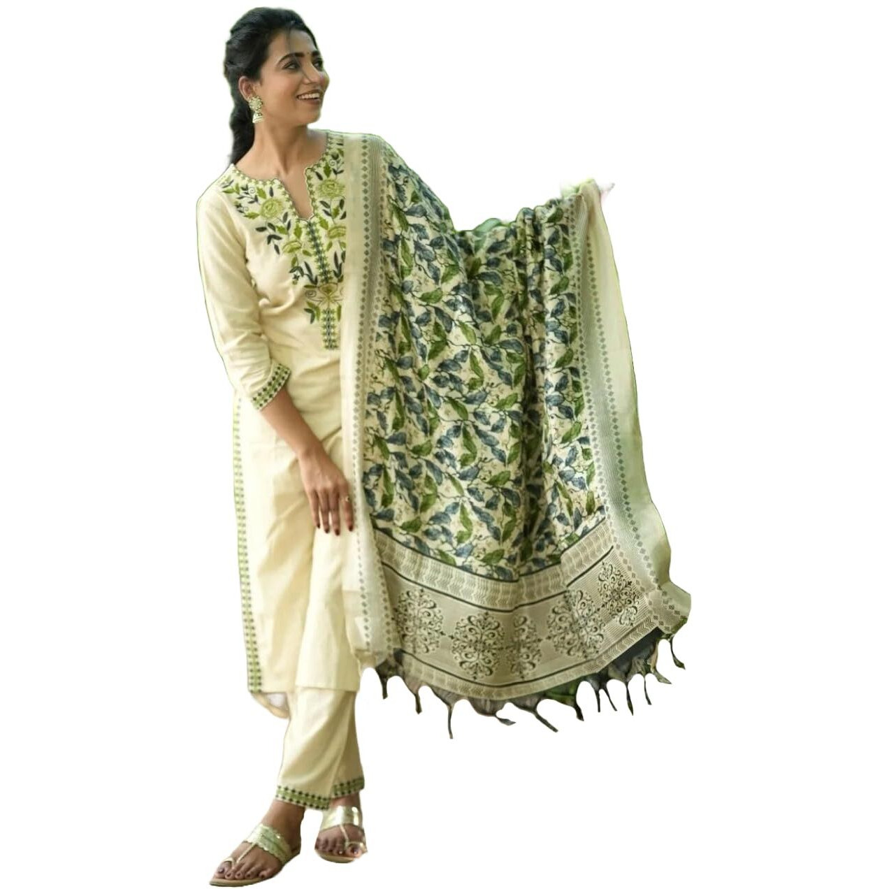 ANNI DESIGNER Women's Rayon Blend Straight Embroidered Kurta with Pant & Dupatta (Pamposh Cream_4XL_Cream_XXXX-Large)