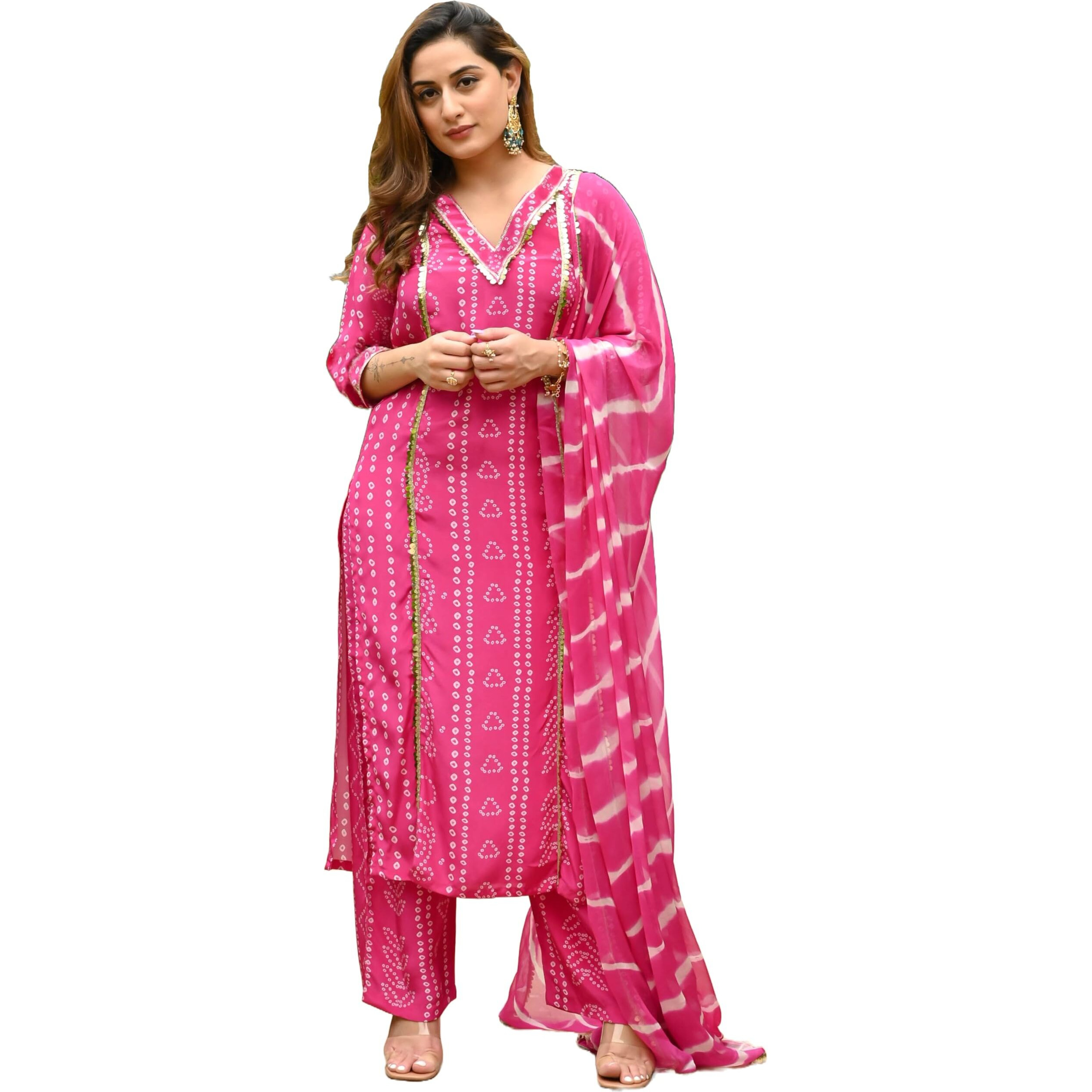 ANNI DESIGNER Women's Cotton Blend Straight Printed Kurta with Pant & Dupatta (Out Pink_XL_Pink_X-Large)