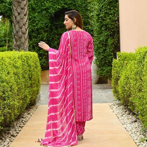 ANNI DESIGNER Women's Cotton Blend Straight Printed Kurta with Pant & Dupatta (Out Pink_XL_Pink_X-Large)
