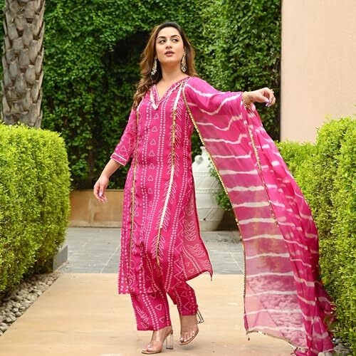 ANNI DESIGNER Women's Cotton Blend Straight Printed Kurta with Pant & Dupatta (Out Pink_XL_Pink_X-Large)