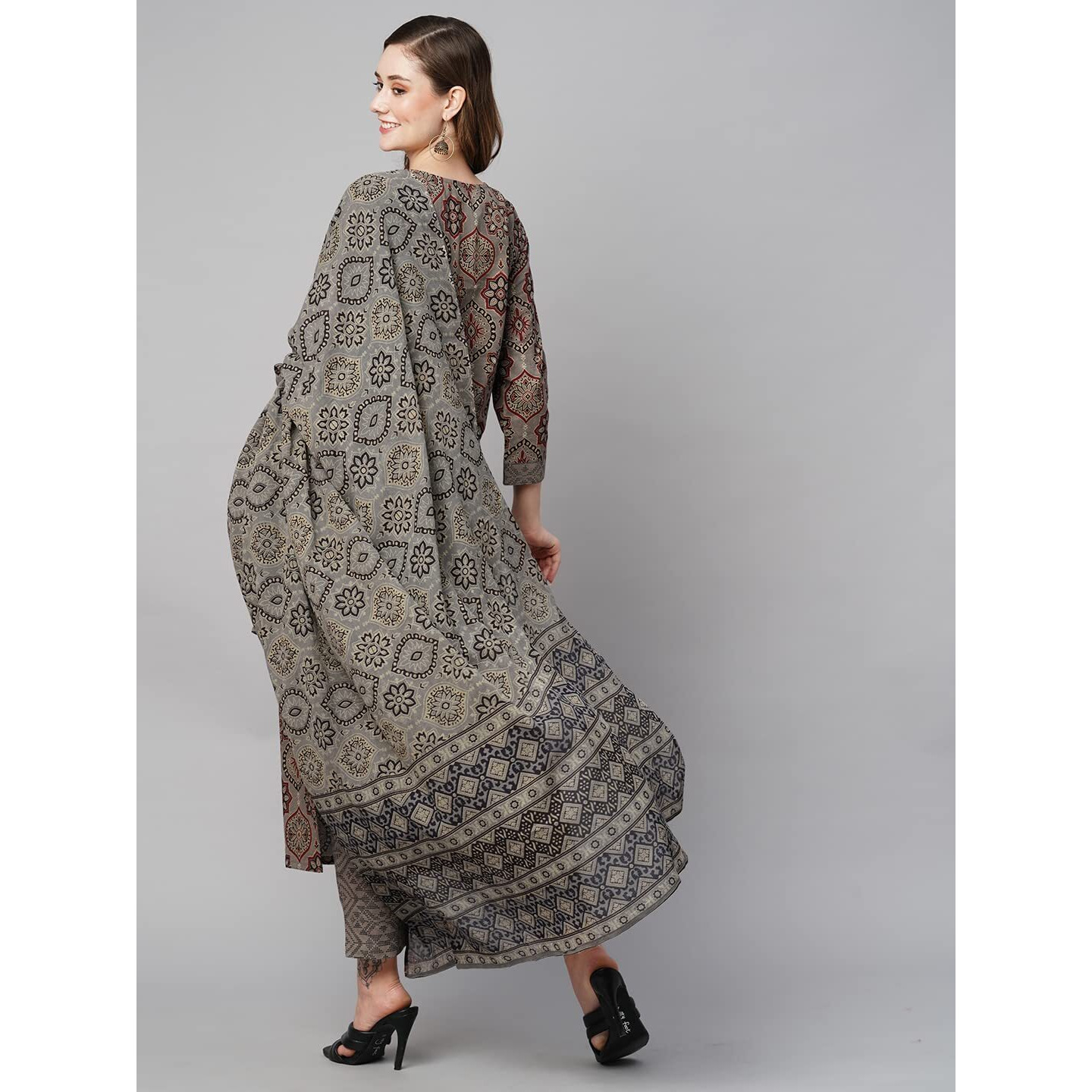 ANNI DESIGNER Women's Cotton Blend Straight Printed Kurta with Pant & Dupatta (Palak Grey_S_Grey_Small)