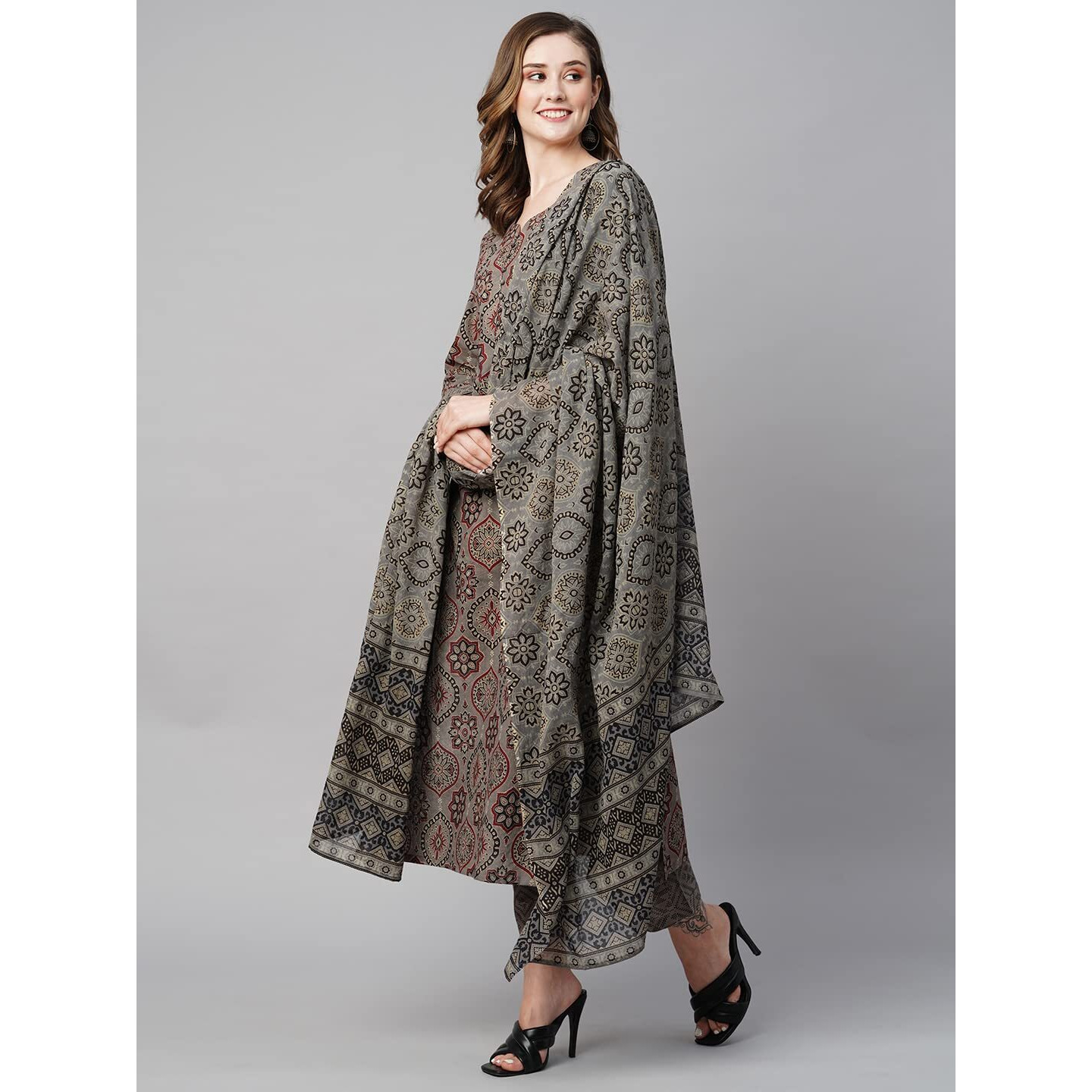ANNI DESIGNER Women's Cotton Blend Straight Printed Kurta with Pant & Dupatta (Palak Grey_S_Grey_Small)