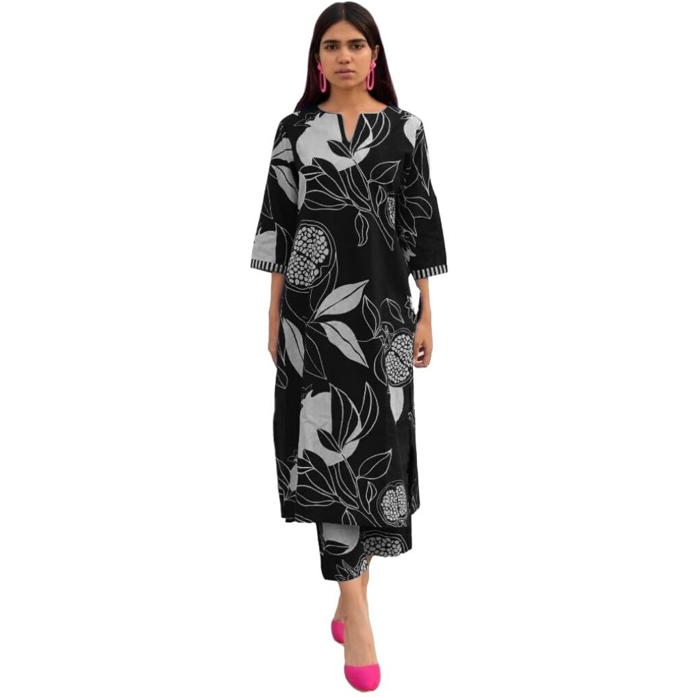 ANNI DESIGNER Women's Cotton Blend Straight Printed Kurta with Pant (ANAAR-Black_XL_Black_X-Large)