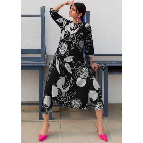 ANNI DESIGNER Women's Cotton Blend Straight Printed Kurta with Pant (ANAAR-Black_XL_Black_X-Large)