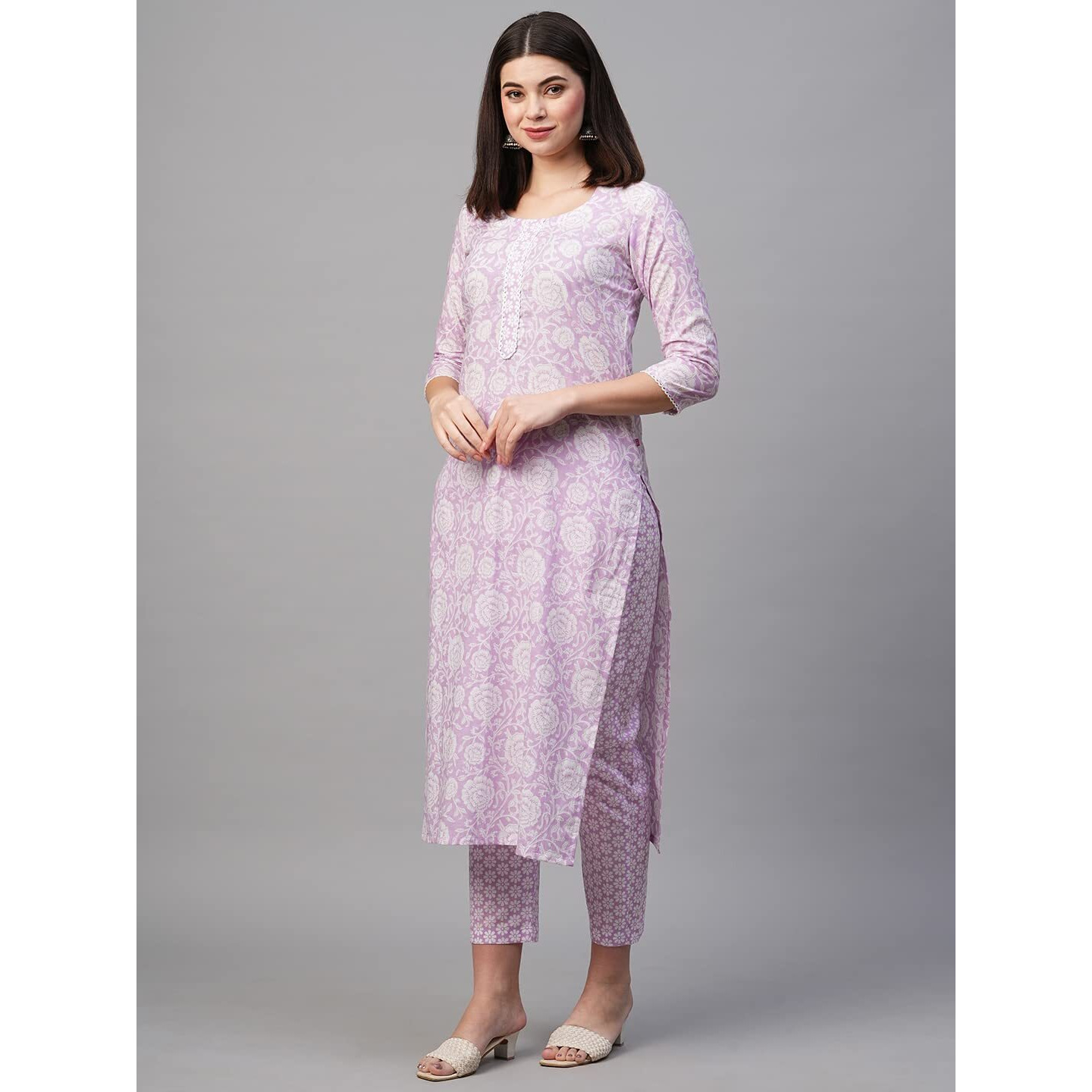 ANNI DESIGNER Women's Cotton Blend Printed Straight Kurta with Pant (Mukh Purple-Nw_XL_Purple_X-Large)