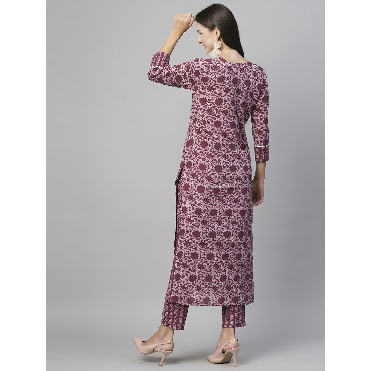 ANNI DESIGNER Women's Cotton Blend Straight Printed Kurta with Pant (Anusha Wine-NW_M_Wine_Medium)