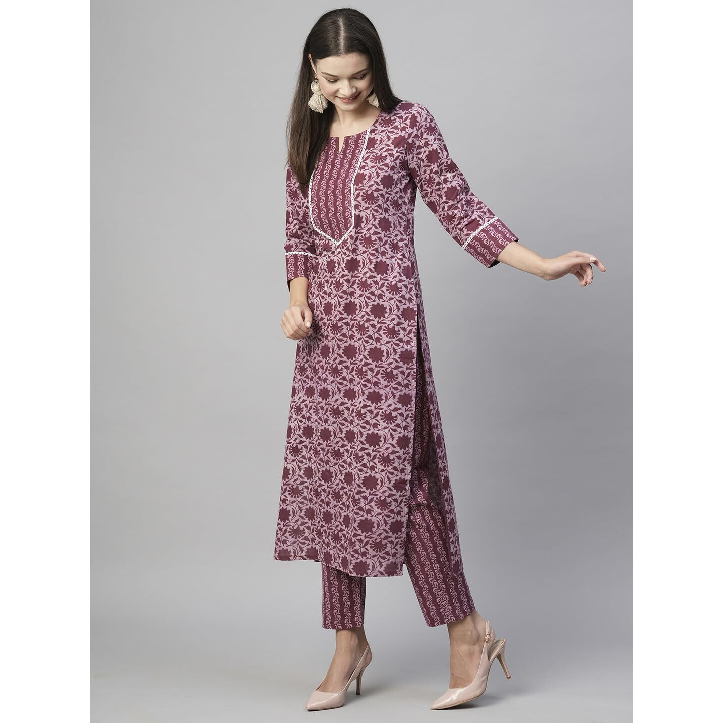ANNI DESIGNER Women's Cotton Blend Straight Printed Kurta with Pant (Anusha Wine-NW_M_Wine_Medium)