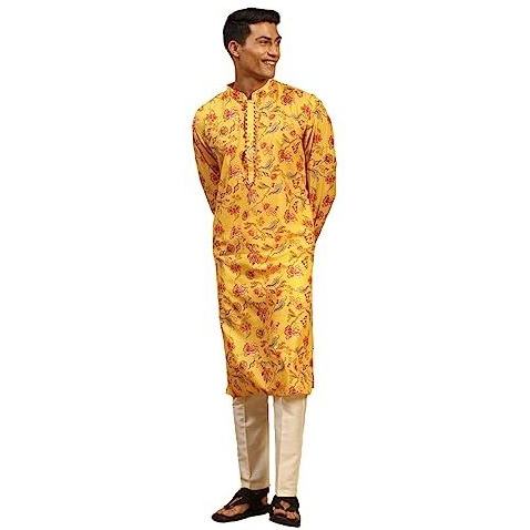 VASTRAMAY Men's Multicolor-Base-Mustard And Cream Muslin Blend Kurta Pyjama Set_VASMK108nPANT002CR_42