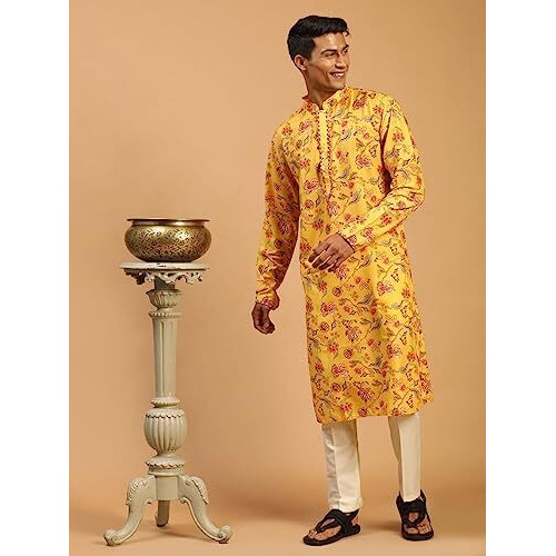VASTRAMAY Men's Multicolor-Base-Mustard And Cream Muslin Blend Kurta Pyjama Set_VASMK108nPANT002CR_42