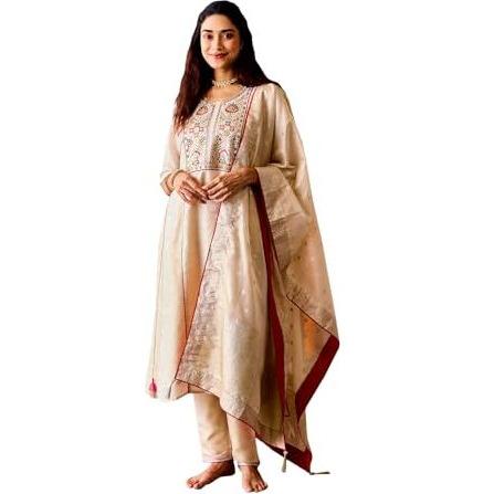 VASTRAMAY Women's Cream Kurta Set | This piece has been carefully put together and woven, and these ethnic weaves, produced indigenously, are a unique specimen.