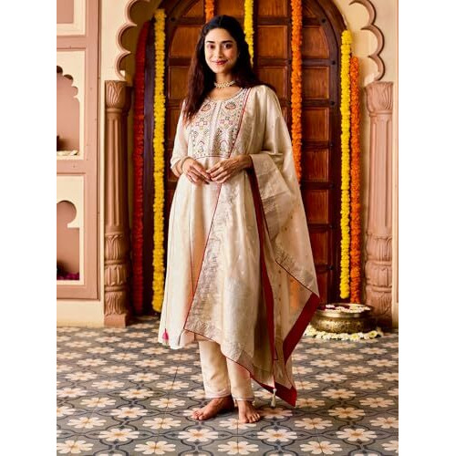 VASTRAMAY Women's Cream Kurta Set | This piece has been carefully put together and woven, and these ethnic weaves, produced indigenously, are a unique specimen.