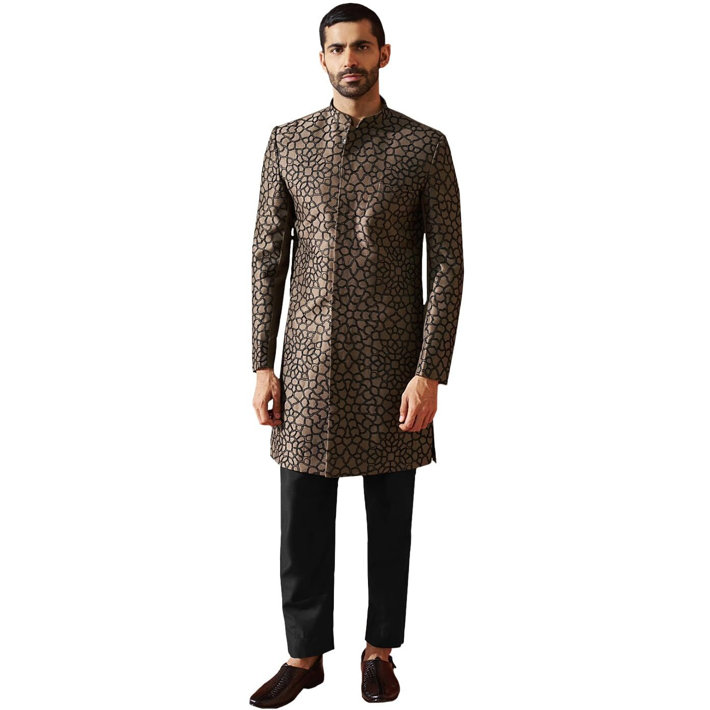 VASTRAMAY Men's Coffee And Black Silk Blend Sherwani Set - Silk Blend embroidered Indo Western,Kurta And Pant Set