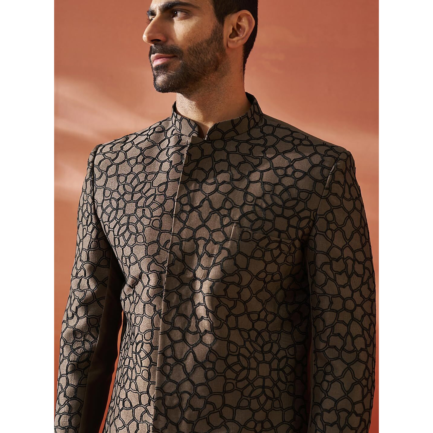 VASTRAMAY Men's Coffee And Black Silk Blend Sherwani Set - Silk Blend embroidered Indo Western,Kurta And Pant Set