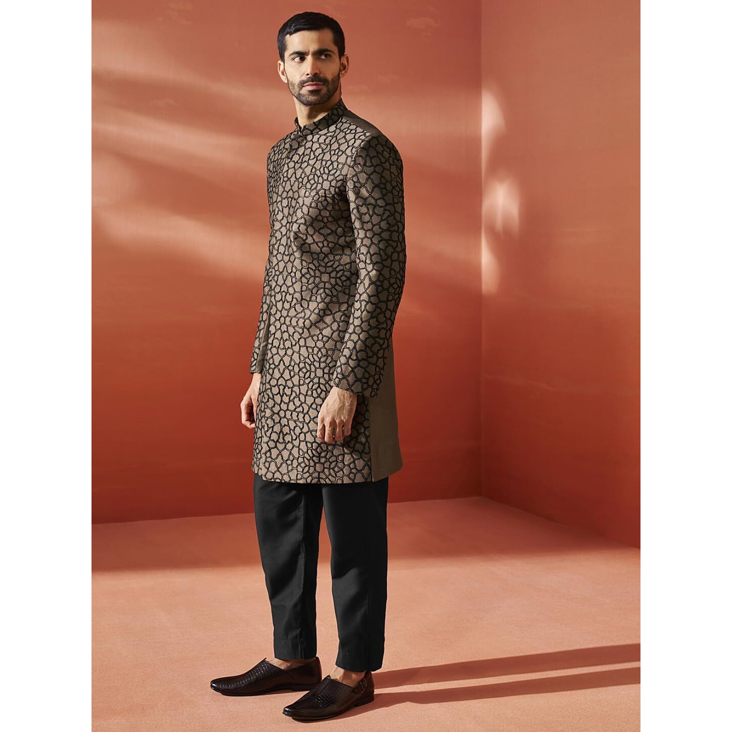 VASTRAMAY Men's Coffee And Black Silk Blend Sherwani Set - Silk Blend embroidered Indo Western,Kurta And Pant Set