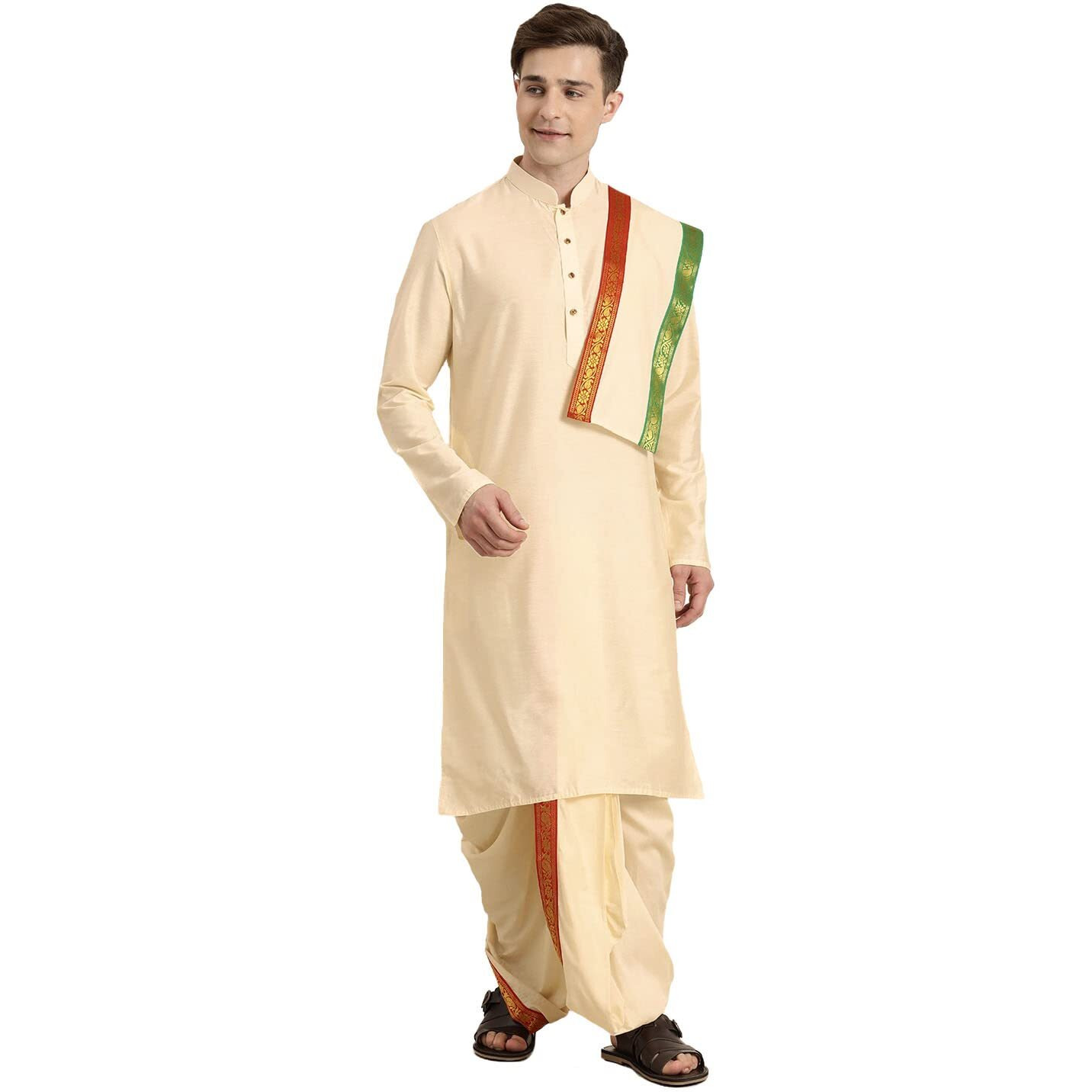 VASTRAMAY Mens' Cream Cotton Blend Kurta Dhoti And Dupatta_VASMDK007CR_36