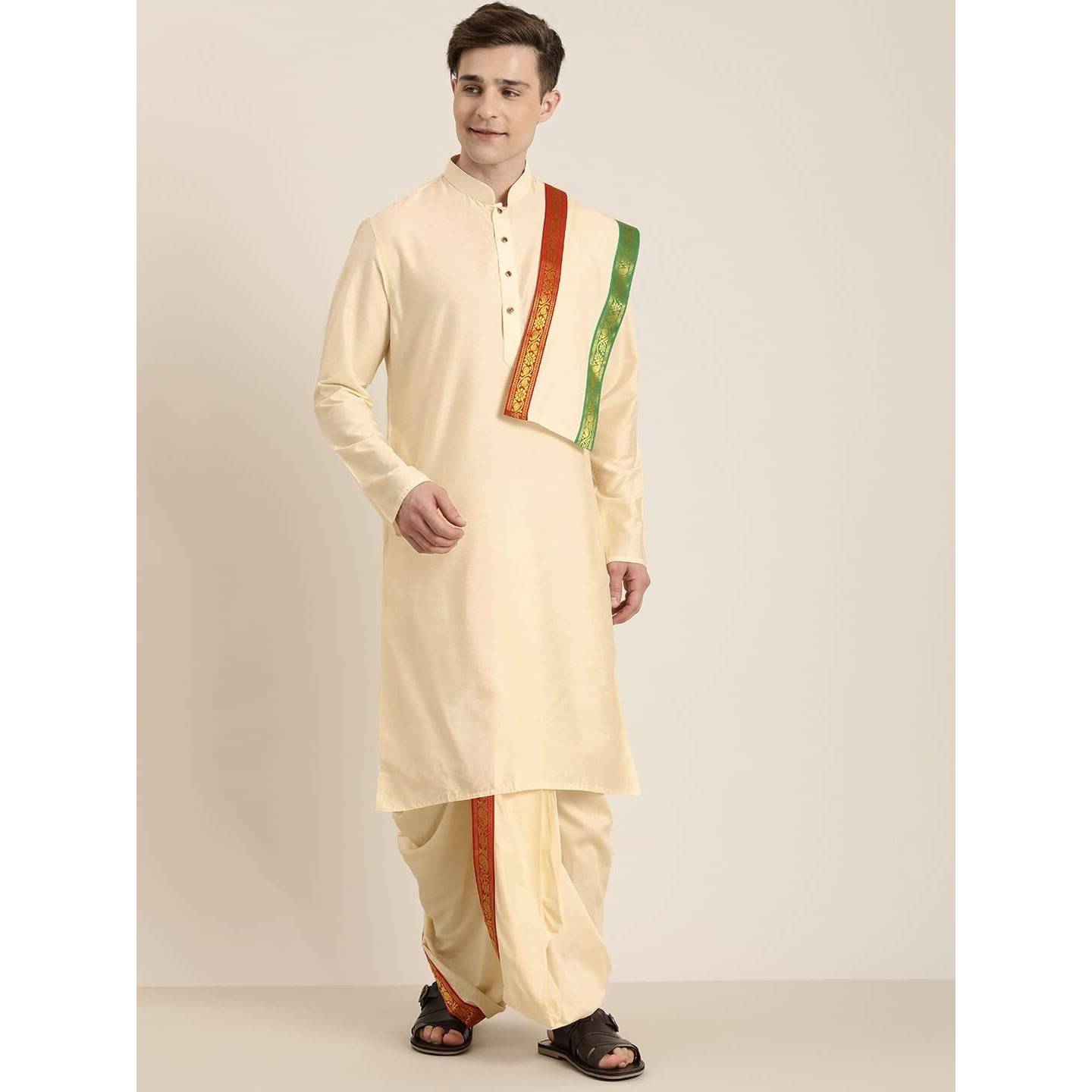 VASTRAMAY Mens' Cream Cotton Blend Kurta Dhoti And Dupatta_VASMDK007CR_36